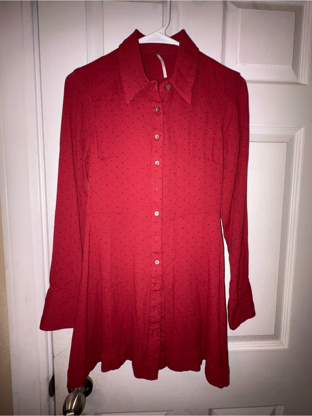 Free People Red Mini Dress Shirt with Subtle Dot